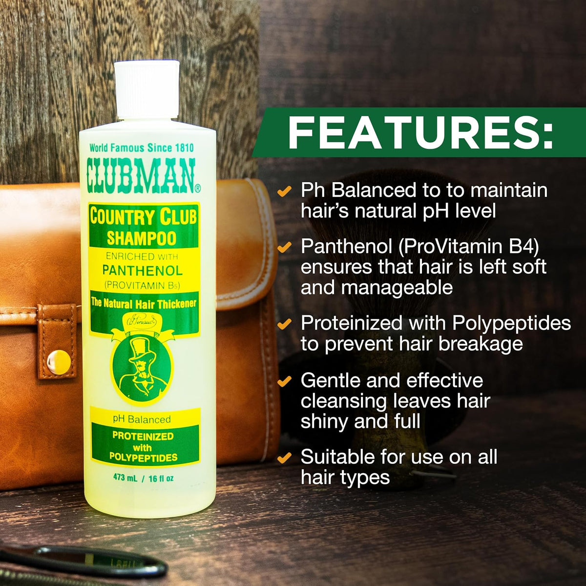 Country Club Shampoo, Enriched with Panthenol, the Natural Hair Thickener, Ph Balanced, Proteinized with Polypeptides, 16 Fl. Oz.