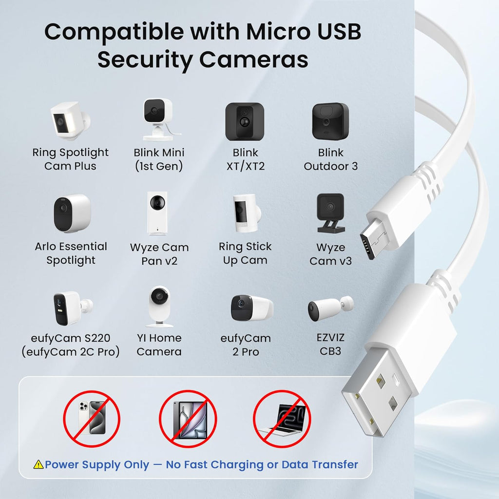 Flat USB a to Micro USB Power Extension Cable 20FT/6M 2Pack,White