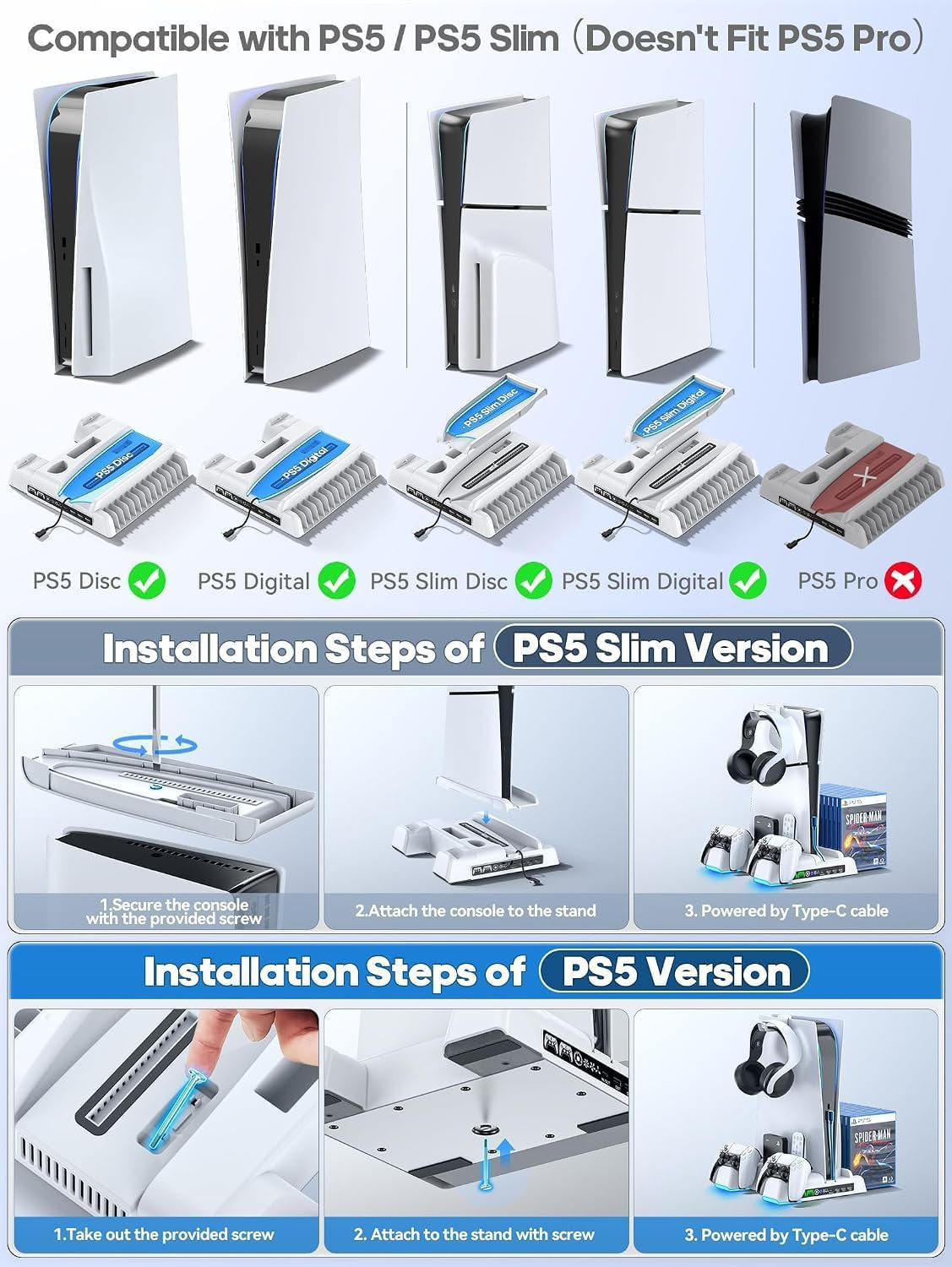 Ps5/Slim Stand and Cooling Station with LED Controller Charging Station for PS 5 Console, Controller Charger, Cooling Stand, Ps5/Slim Accessories Kit with 3 Level Cooler Fan, Sega Genesis Consoles