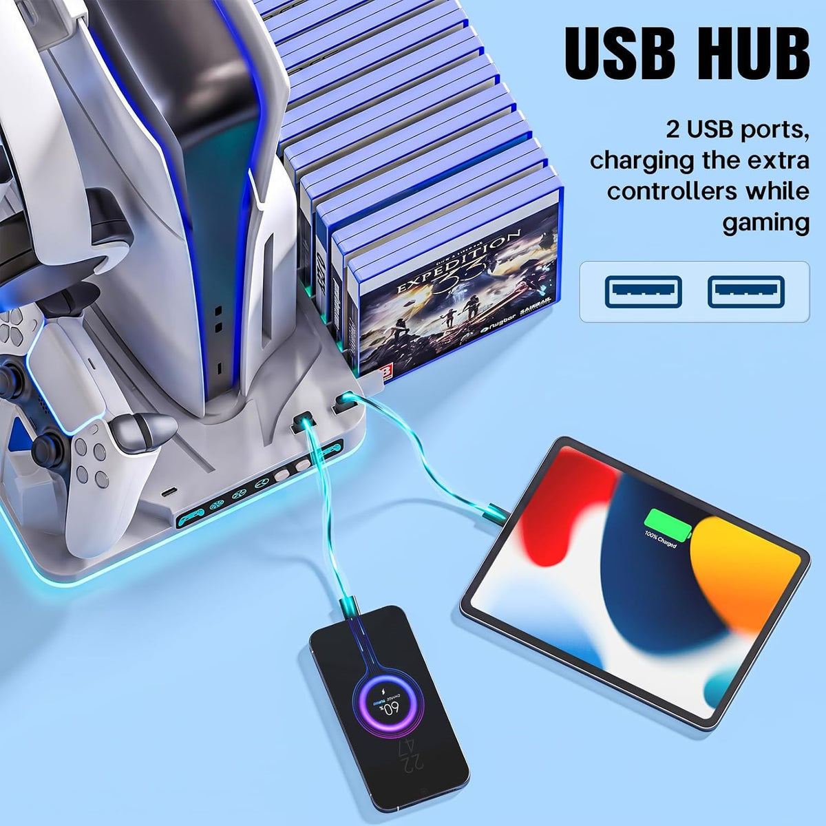 Ps5/Slim/Pro Cooling Stand for Disc&Digital with Dual Controller Charging, Multi-Function P5 Accessories 3-Level Cooling Fan, 9 Lighting Modes with Games Storage Slot, White