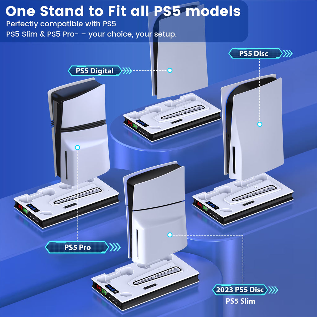 PS5 Cooling Fan Stand, All-In-One Charger Station with Dual Turbo Fan & Dual Controller Charging Dock, for PS5 Pro, Slim, Disc & Digital Edition
