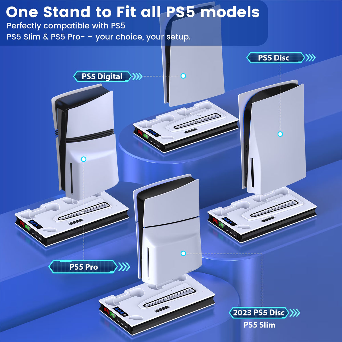 PS5 Cooling Fan Stand, All-In-One Charger Station with Dual Turbo Fan & Dual Controller Charging Dock, for PS5 Pro, Slim, Disc & Digital Edition