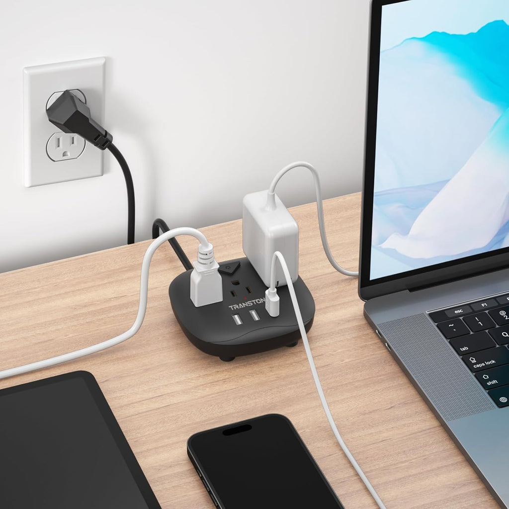 Power Strip 3 Outlets and 3 USB Ports with Switch Control, Desktop Charging Station with 5 Ft Extension Cord, Compact for Nightstand, Office and Travel - Black