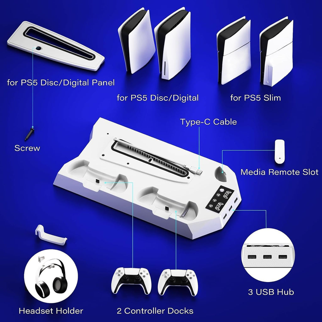 Ps5/Slim/Pro Cooling Station for PS5 Disc & Digital Console, PS5 Stand Cooling Fan Charging Station with 3 Level Fan, LED Controller Charger, Ps5/Slim/Pro Accessories with 3 USB Hubs & Headset Holder