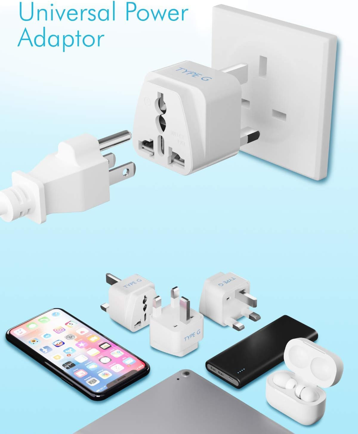 UK Adapters for Travel - Type G, Grounded, Universal Input, 3 Pack