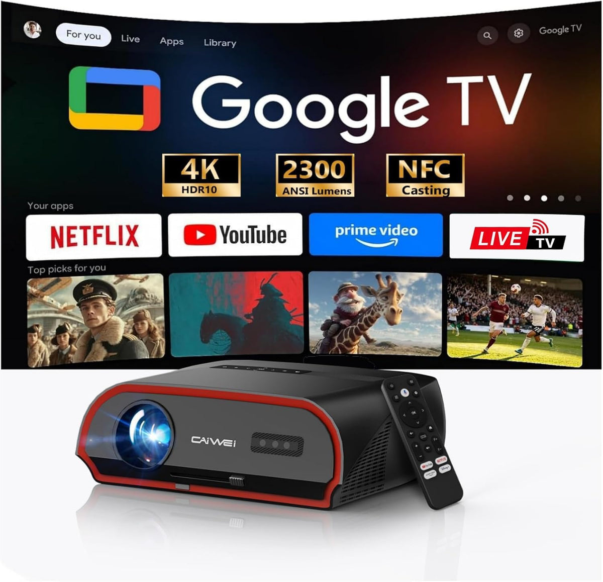 Daytime 4K Projector with Google TV, 2300 ANSI Lumens, HDR10, 38W Dolby Audio, Bright Picture for Home Theater & Outdoor Movie Night, Tof Autofocus, Nfc/Voice Control, HDMI ARC, Wifi 6 Bluetooth
