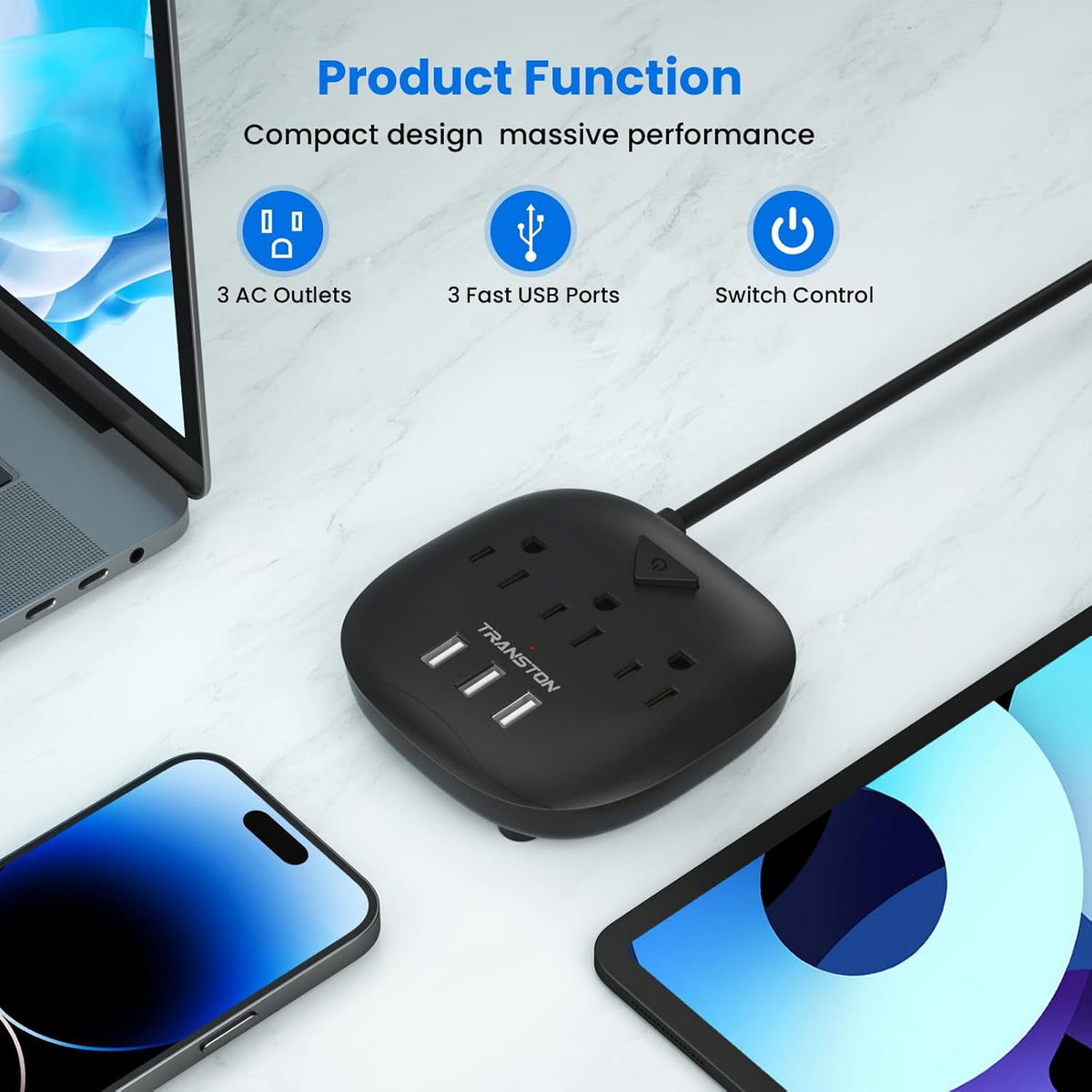 Power Strip 3 Outlets and 3 USB Ports with Switch Control, Desktop Charging Station with 5 Ft Extension Cord, Compact for Nightstand, Office and Travel - Black