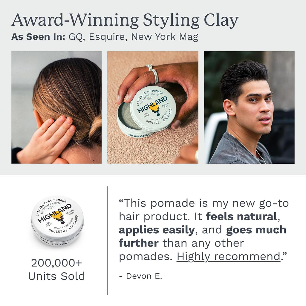Glacial Hair Clay Pomade - Award Winning Hair Styling Clay for Men and Women Made with 100% All Natural and Organic Ingredients That Promote Hair and Scalp Health. Low Shine, Medium Hold.