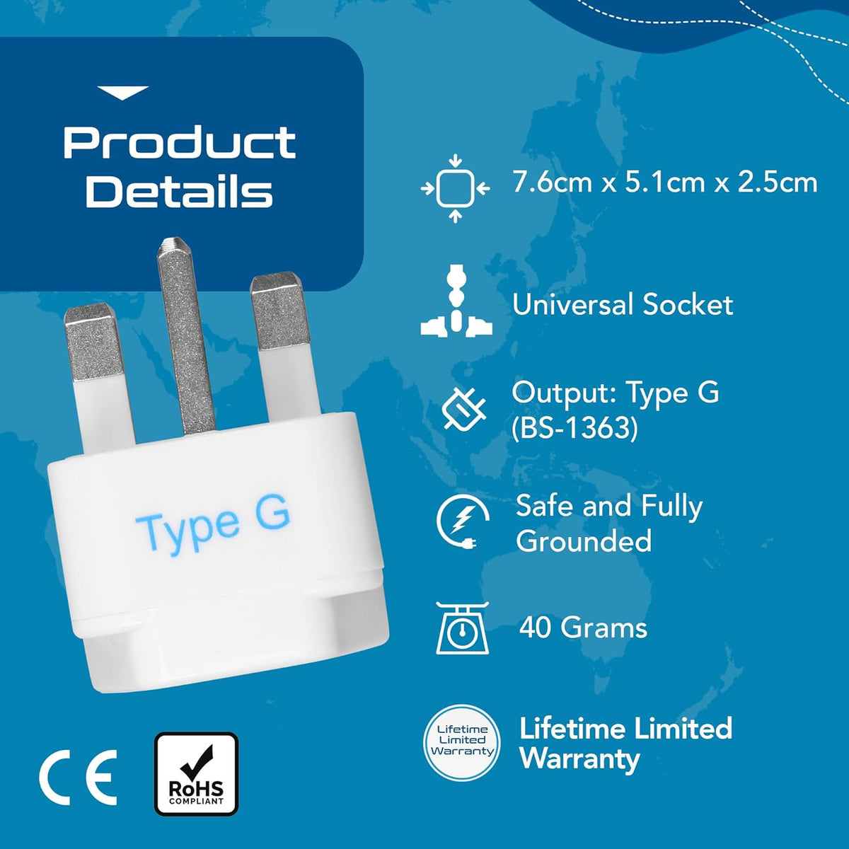UK Adapters for Travel - Type G, Grounded, Universal Input, 3 Pack