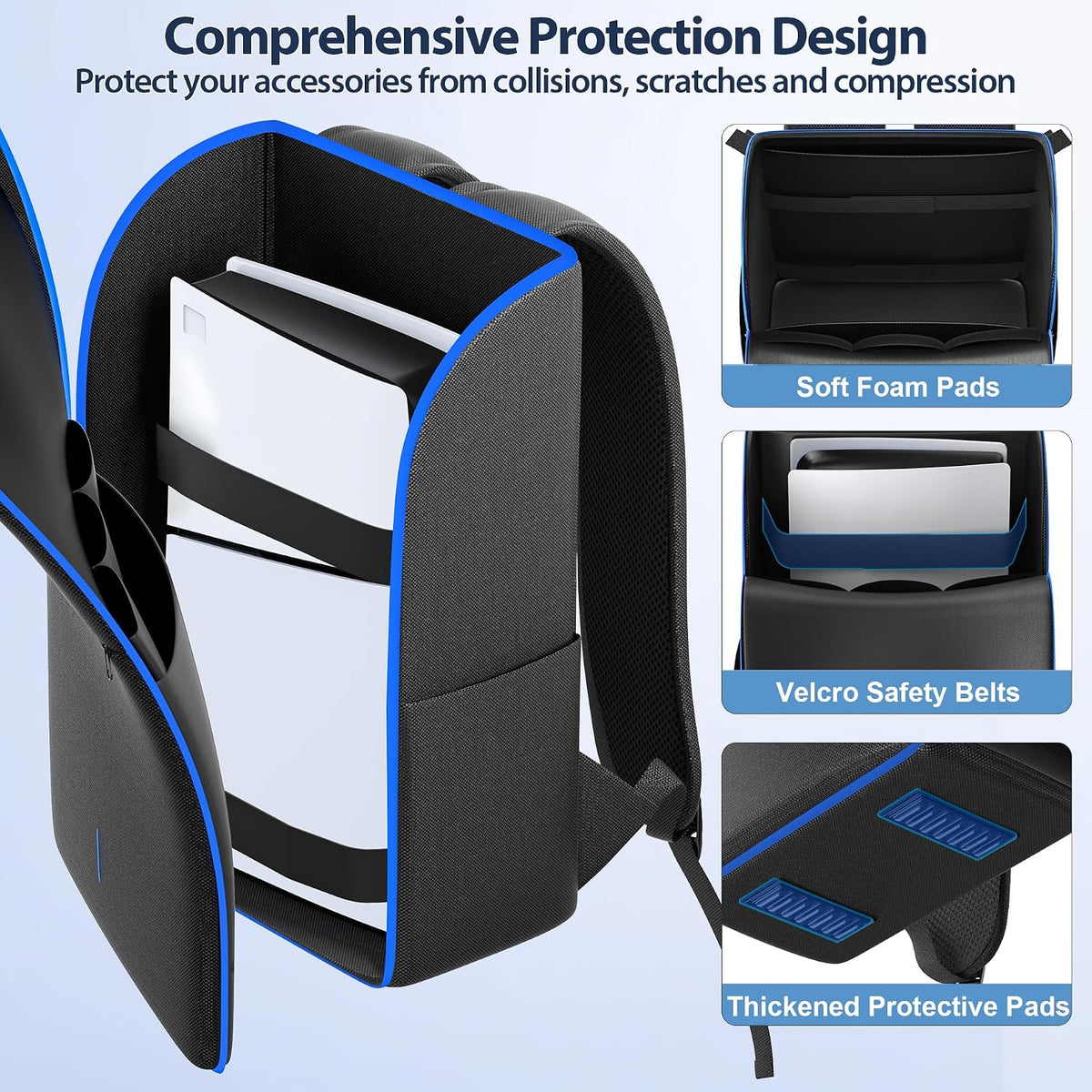 Backpack for PS5/ Slim/ Pro Console, Fully Zip-Open PS5 Carrying Case Travel Bag, Large Capacity PS Storage Bag for Dual Controllers, PS Portal, Laptop, Game Cards, Backpack with 3 Cable Pouch,Blue
