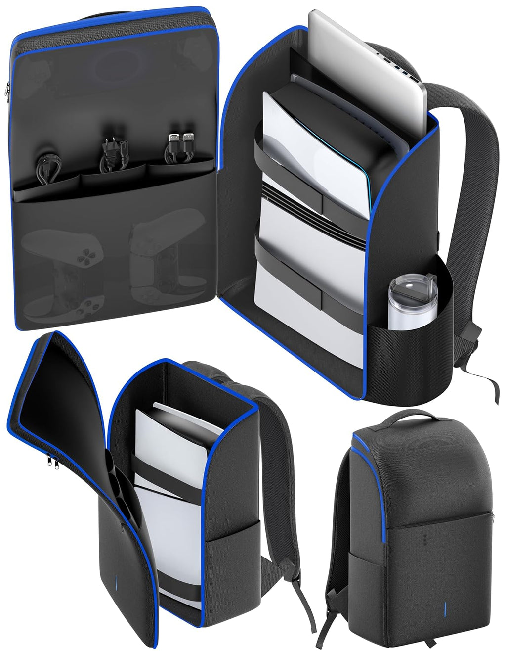 Backpack for PS5/ Slim/ Pro Console, Fully Zip-Open PS5 Carrying Case Travel Bag, Large Capacity PS Storage Bag for Dual Controllers, PS Portal, Laptop, Game Cards, Backpack with 3 Cable Pouch,Blue