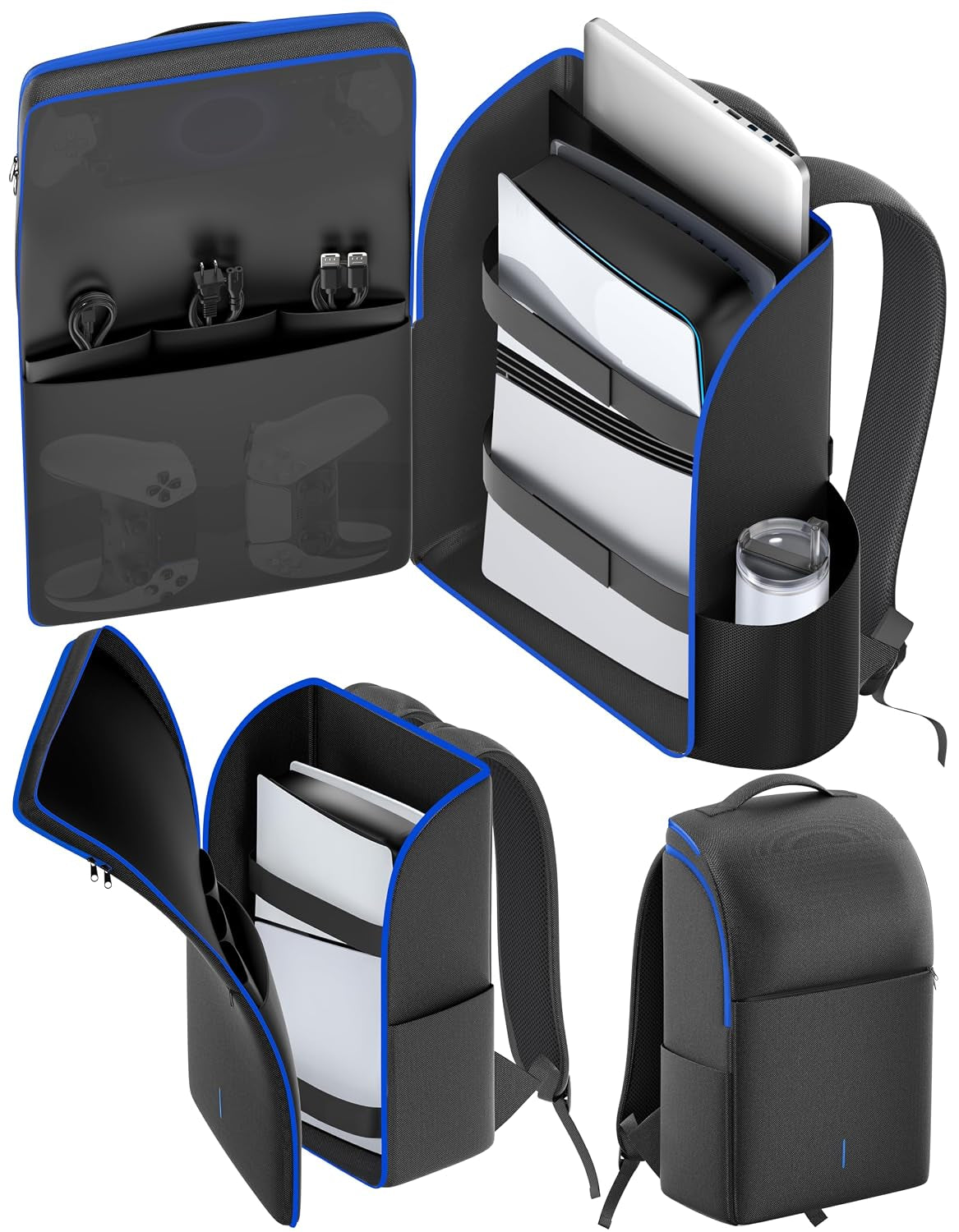 Backpack for PS5/ Slim/ Pro Console, Fully Zip-Open PS5 Carrying Case Travel Bag, Large Capacity PS Storage Bag for Dual Controllers, PS Portal, Laptop, Game Cards, Backpack with 3 Cable Pouch,Blue