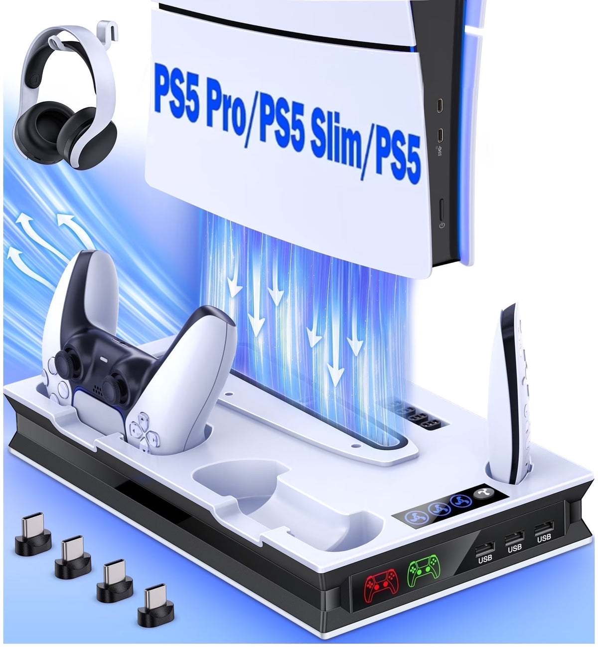 PS5 Cooling Fan Stand, All-In-One Charger Station with Dual Turbo Fan & Dual Controller Charging Dock, for PS5 Pro, Slim, Disc & Digital Edition