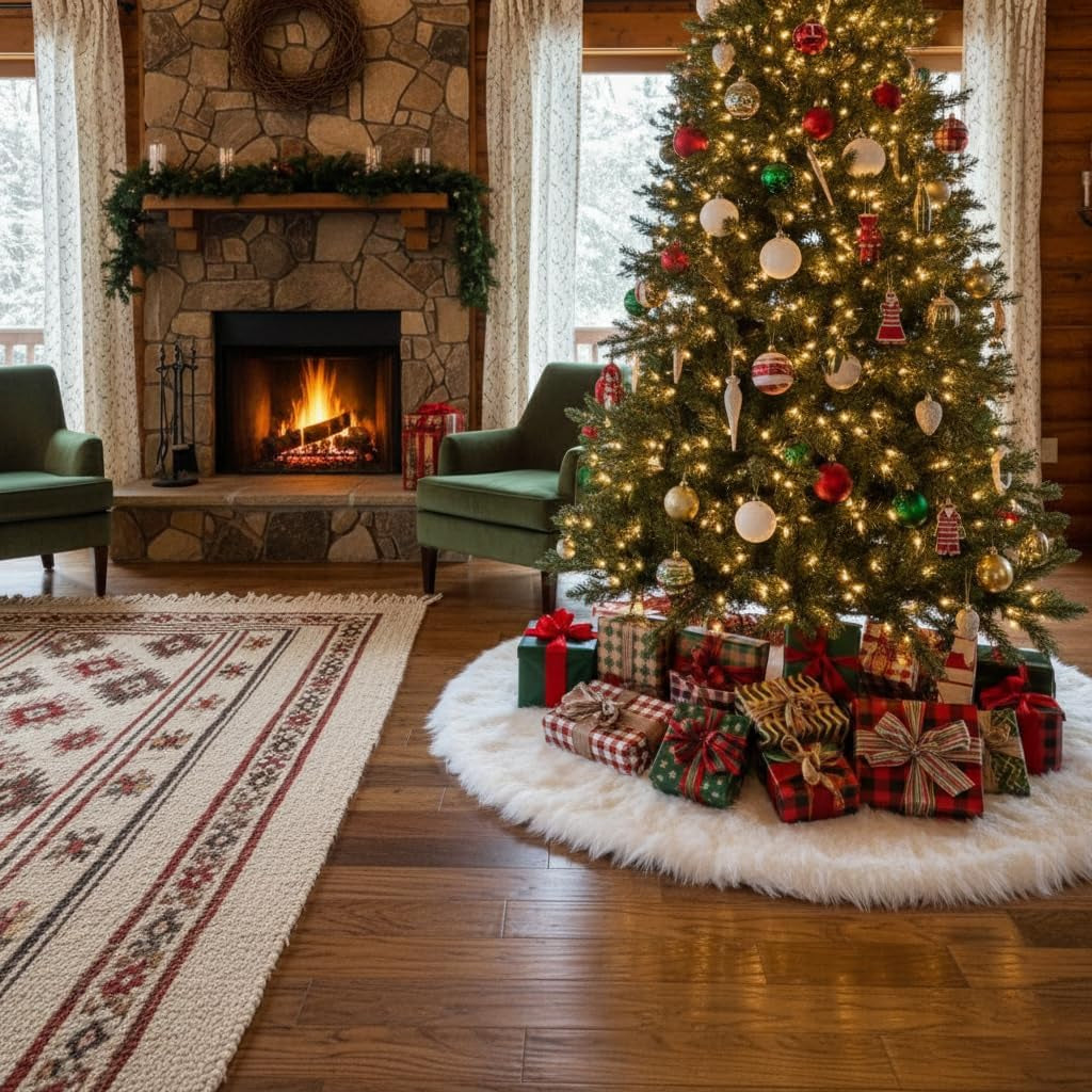 48 Inch White Faux Fur Christmas Tree Skirt, Luxury Plush Tree Base Cover for Holiday Party and Home Christmas Decor