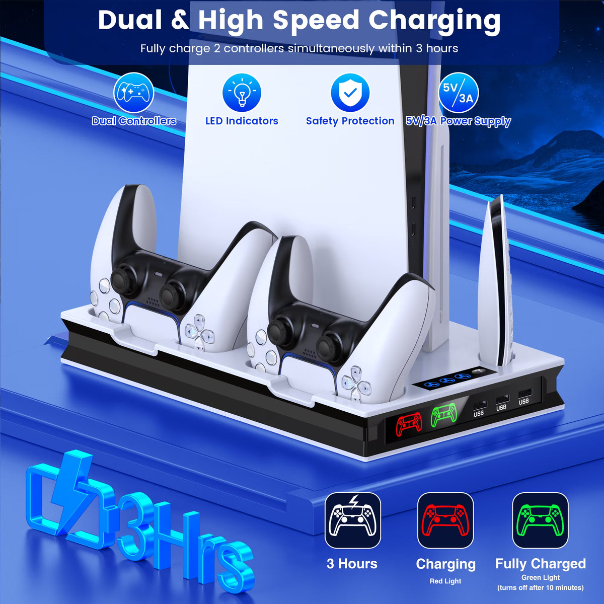 PS5 Cooling Fan Stand, All-In-One Charger Station with Dual Turbo Fan & Dual Controller Charging Dock, for PS5 Pro, Slim, Disc & Digital Edition