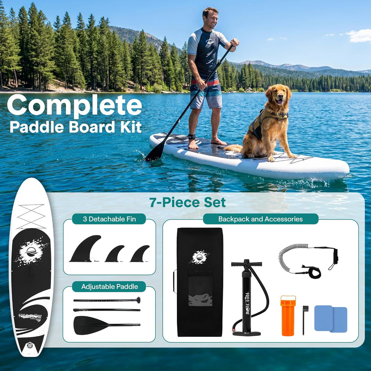 10'6" Inflatable Stand up Paddle Board with Premium SUP Accessories - Wide Stable Design with Non-Slip EVA Deck Pad, for Youth and Adults, 350 Lbs. Capacity