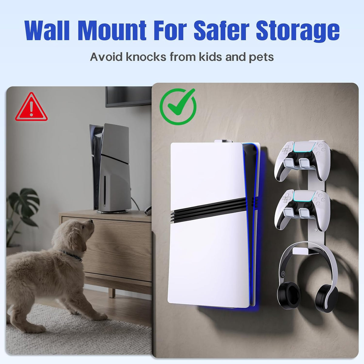 Wall Mount for PS5/PS5 Slim/Ps5 Pro Console-, Sturdy Metal Bracket Compatible with All Playstation 5 Models(Digital and Disc),+1Controller Headphone Holder, Sturdy and Not Fall Off,White