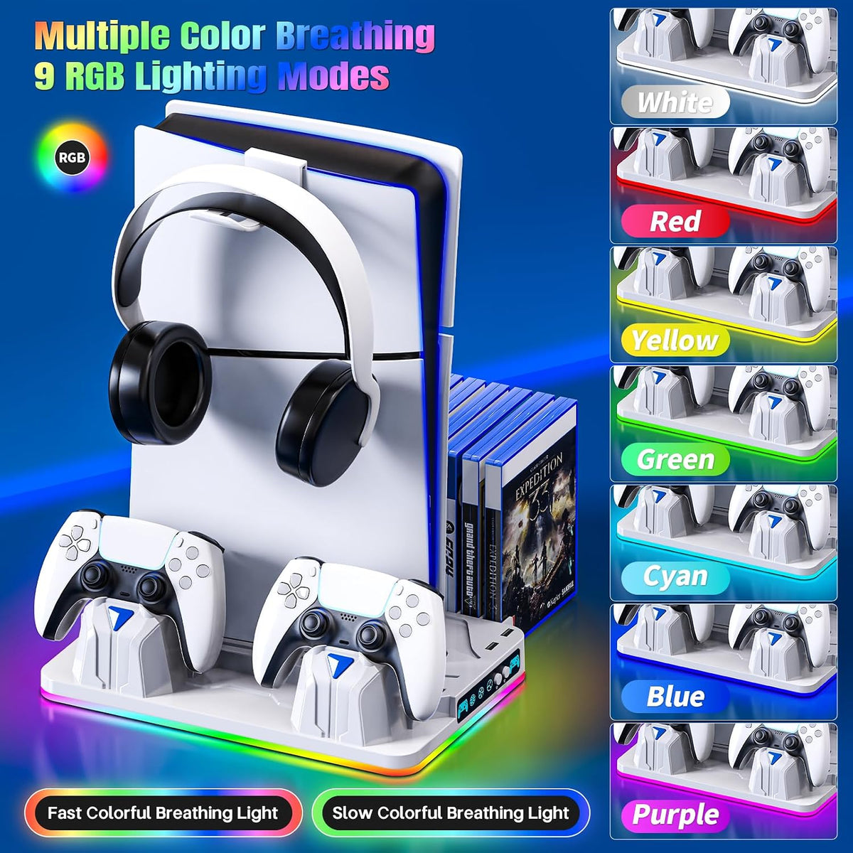 Ps5/Slim/Pro Cooling Stand for Disc&Digital with Dual Controller Charging, Multi-Function P5 Accessories 3-Level Cooling Fan, 9 Lighting Modes with Games Storage Slot, White