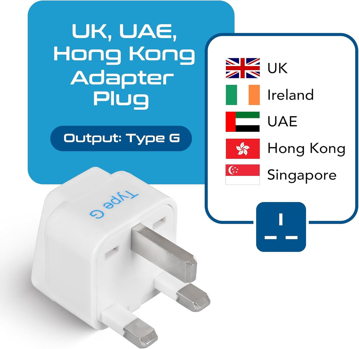 UK Adapters for Travel - Type G, Grounded, Universal Input, 3 Pack