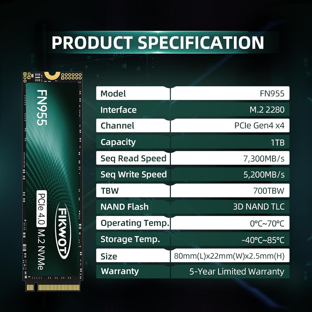 FN955 1TB Nvme SSD M.2 2280 Pcie Gen4X4, up to 7300Mb/S, 3D NAND TLC Flash Internal Solid State Drive, Configure SLC Cache, for PS5 Storage Expansion Laptop Desktop