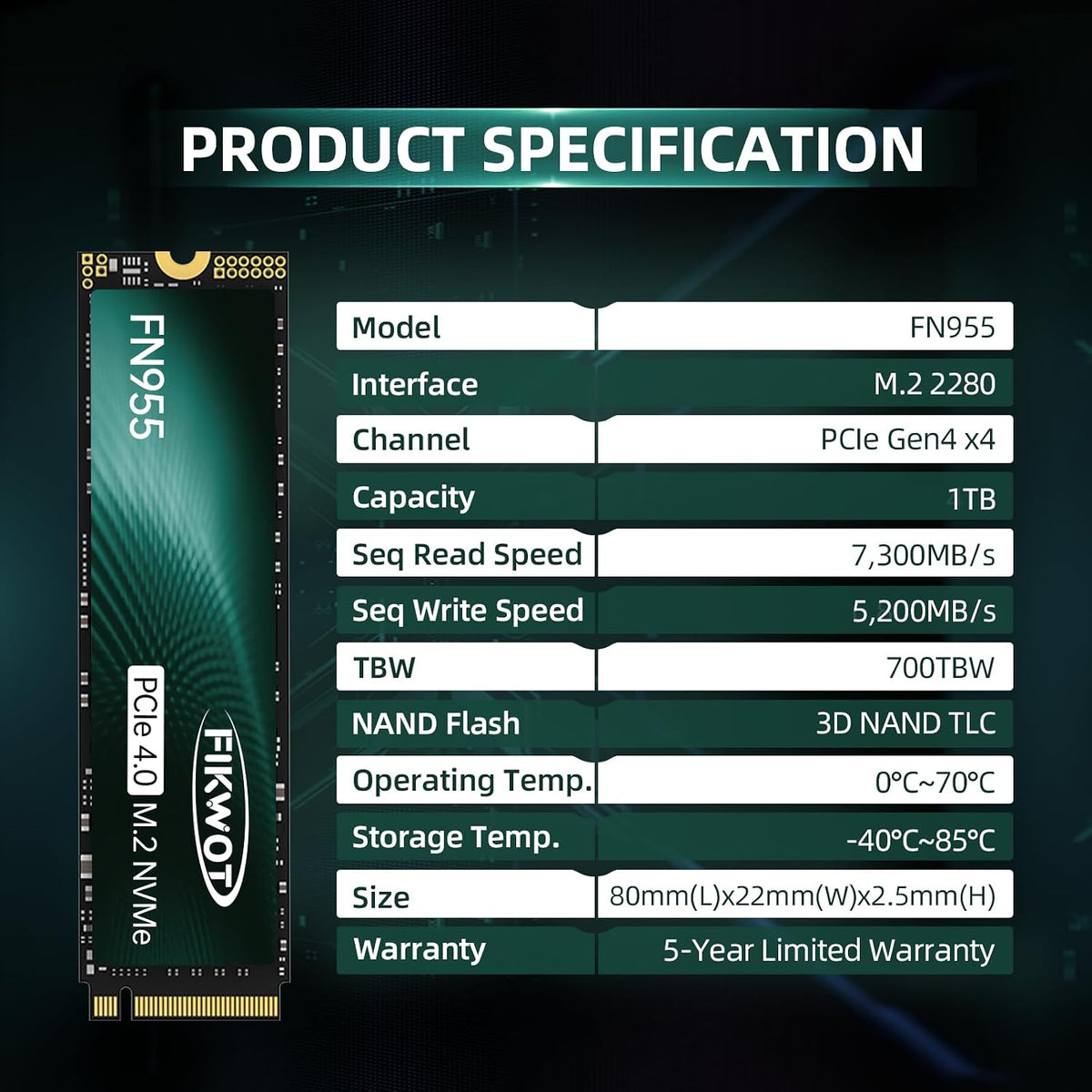 FN955 1TB Nvme SSD M.2 2280 Pcie Gen4X4, up to 7300Mb/S, 3D NAND TLC Flash Internal Solid State Drive, Configure SLC Cache, for PS5 Storage Expansion Laptop Desktop