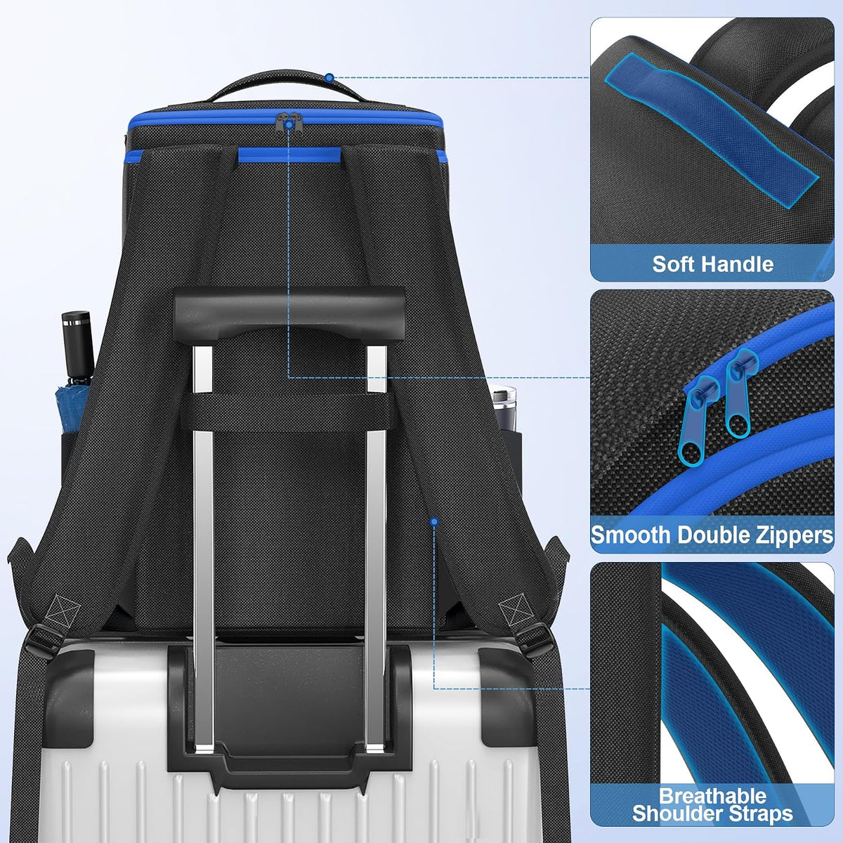 Backpack for PS5/ Slim/ Pro Console, Fully Zip-Open PS5 Carrying Case Travel Bag, Large Capacity PS Storage Bag for Dual Controllers, PS Portal, Laptop, Game Cards, Backpack with 3 Cable Pouch,Blue