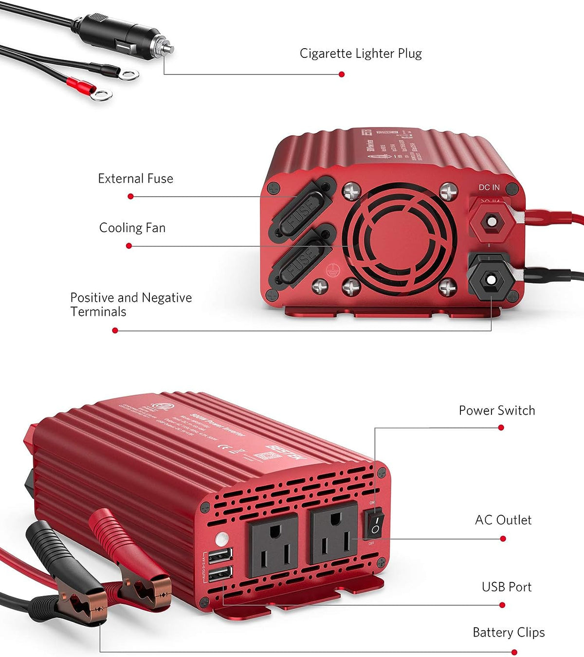 500W Car Power Inverter 12V DC to 110V AC Converter for Vehicles