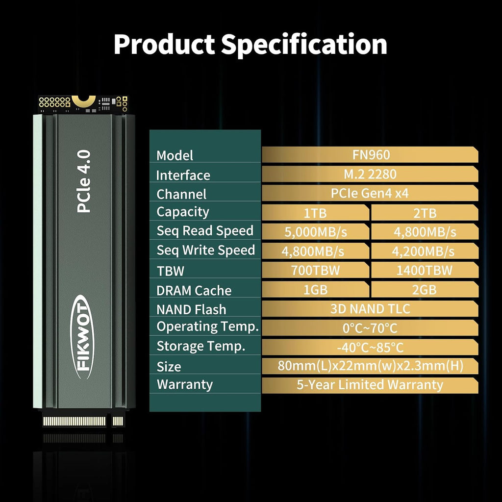 FN960 1TB M.2 Nvme SSD Pcie Gen4 X4 2280 Internal Solid State Drive with Heatsink, up to 5,000Mb/S, Dynamic SLC Cache, Compatible with PS5 Internal SSD