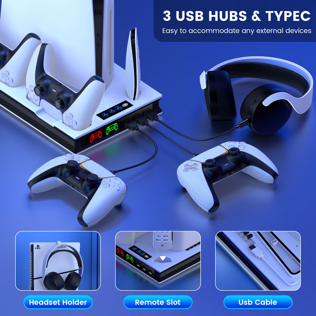 PS5 Cooling Fan Stand, All-In-One Charger Station with Dual Turbo Fan & Dual Controller Charging Dock, for PS5 Pro, Slim, Disc & Digital Edition