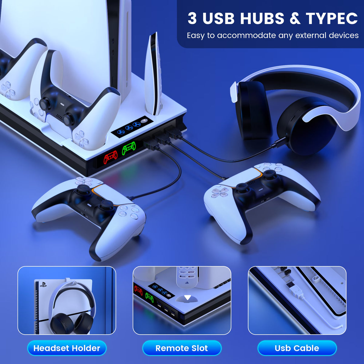 PS5 Cooling Fan Stand, All-In-One Charger Station with Dual Turbo Fan & Dual Controller Charging Dock, for PS5 Pro, Slim, Disc & Digital Edition