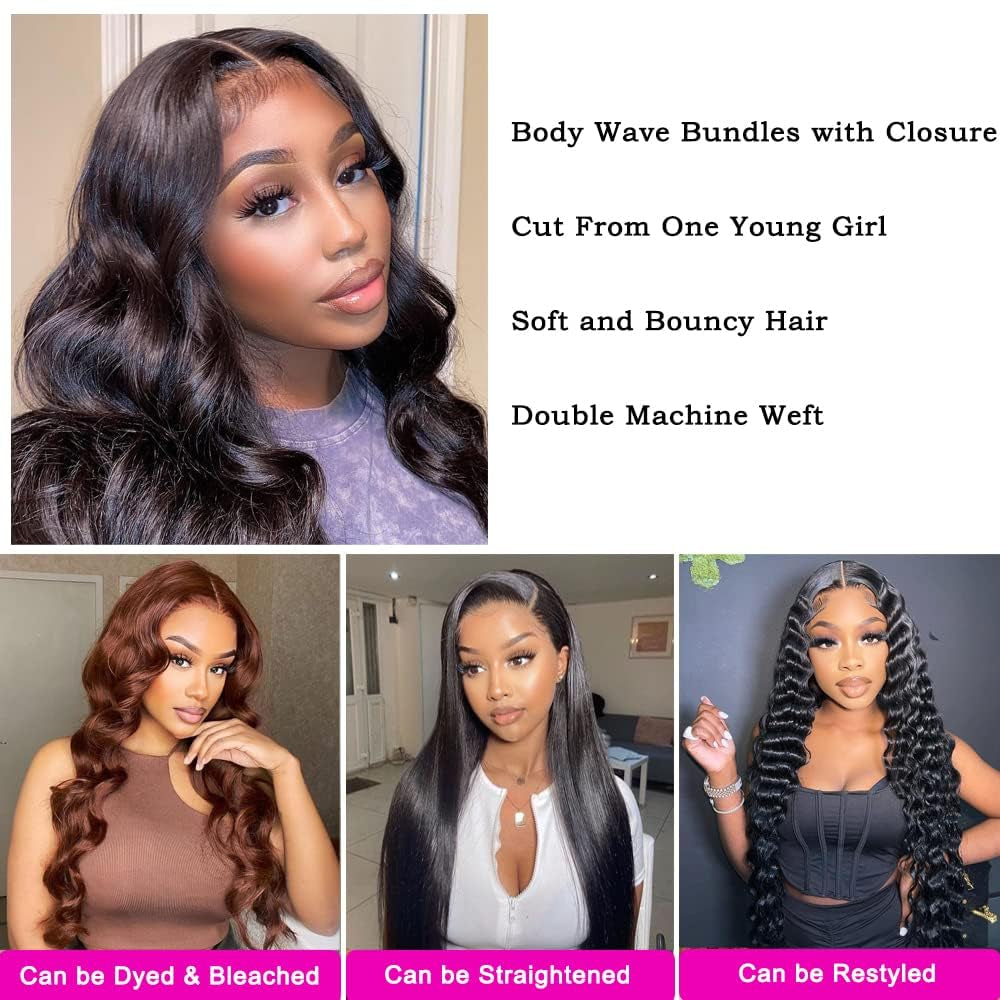 Human Hair Bundles Body Wave (20 22 24 26 Inch) 10A Human Hair 100% Unprocessed Brazilian Weave 4 Bundles Virgin Human Long Hair Natural Color Hair Extensions
