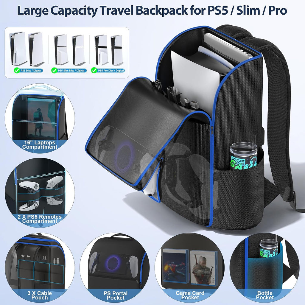 Backpack for PS5/ Slim/ Pro Console, Fully Zip-Open PS5 Carrying Case Travel Bag, Large Capacity PS Storage Bag for Dual Controllers, PS Portal, Laptop, Game Cards, Backpack with 3 Cable Pouch,Blue