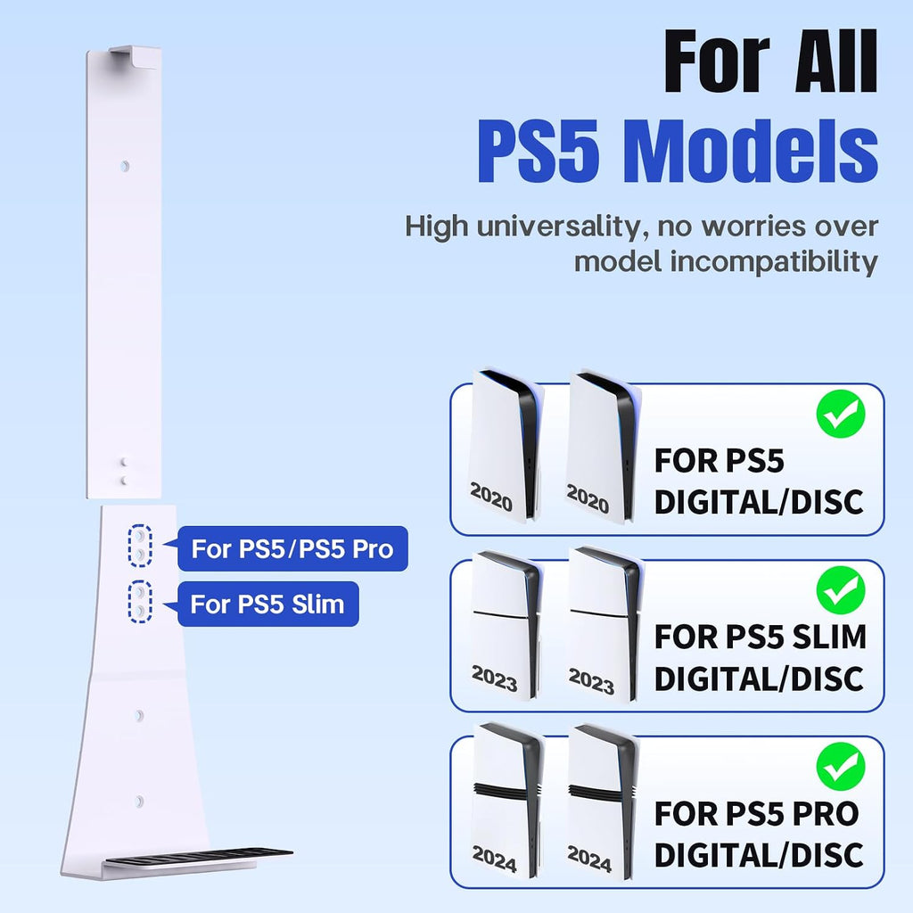 Wall Mount for PS5/PS5 Slim/Ps5 Pro Console-, Sturdy Metal Bracket Compatible with All Playstation 5 Models(Digital and Disc),+1Controller Headphone Holder, Sturdy and Not Fall Off,White