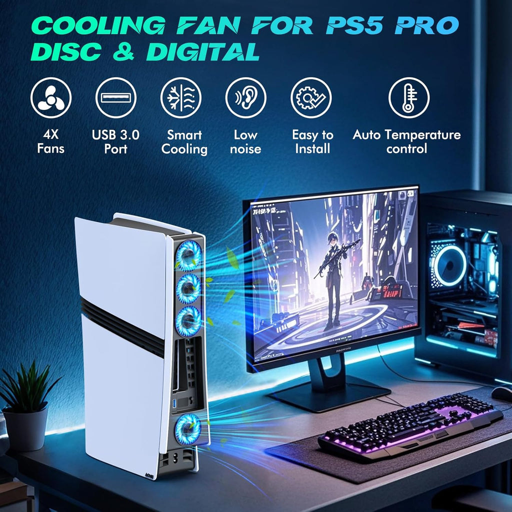Ps5 Pro 4 Cooling Fans,Ps5 Pro Accessories Fans with USB 3.0,Efficient Quiet Cooler Fan with Adjustable Speed,Cooling Fan for Playstation5 Pro Temperature-Controlled
