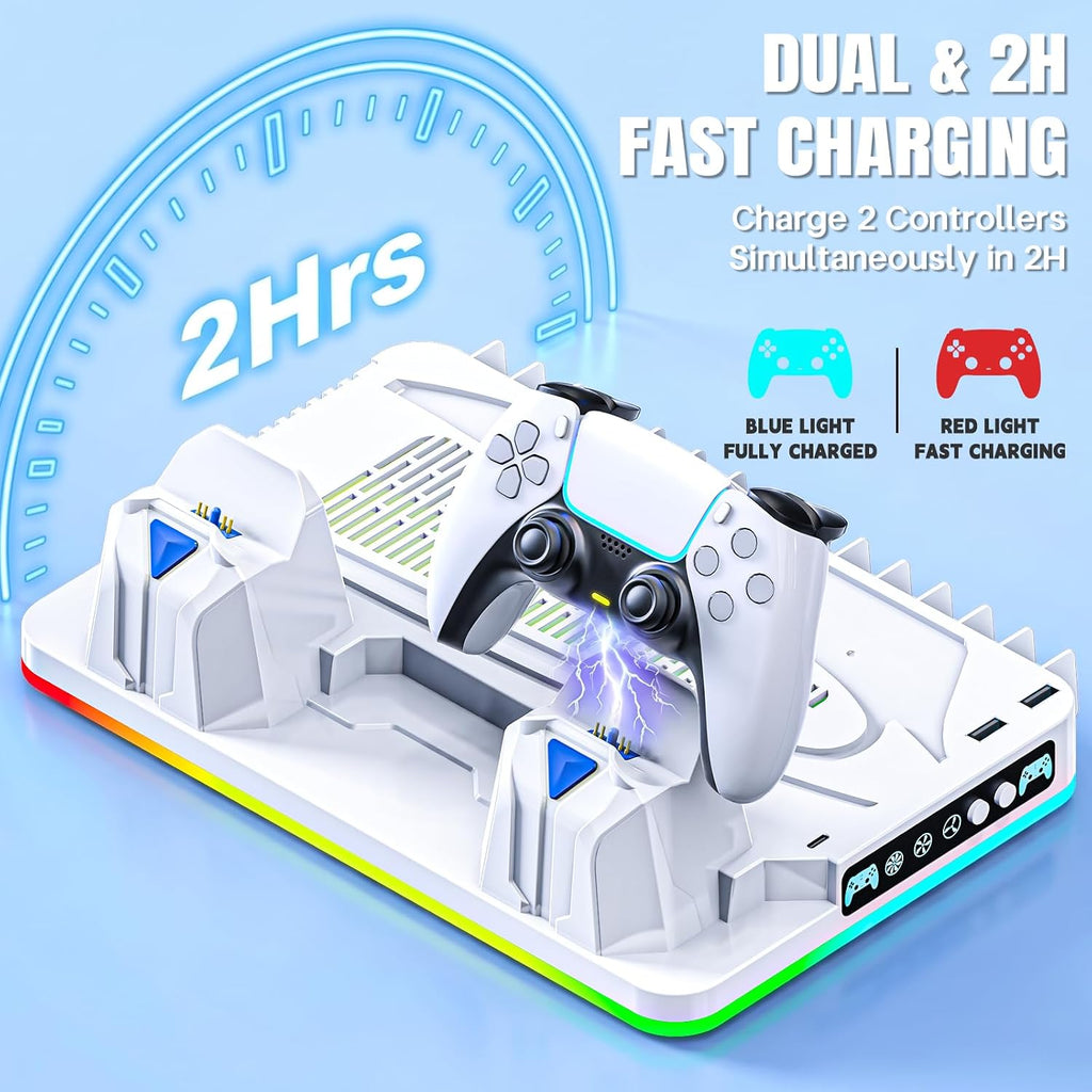 Ps5/Slim/Pro Cooling Stand for Disc&Digital with Dual Controller Charging, Multi-Function P5 Accessories 3-Level Cooling Fan, 9 Lighting Modes with Games Storage Slot, White