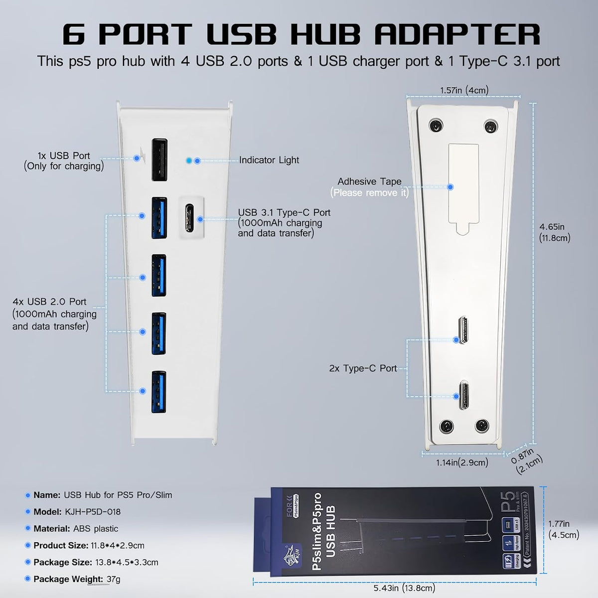 6 Port USB Hub for PS5 Pro & PS5 Slim Console Disc/Digital, High-Speed Extra USB Ports for PS5 Slim Pro Accessories, PS5 Hub Charger Splitter Adapter with 4 USB 2.0 + 1 USB Charging Port +1 Type C 3.0
