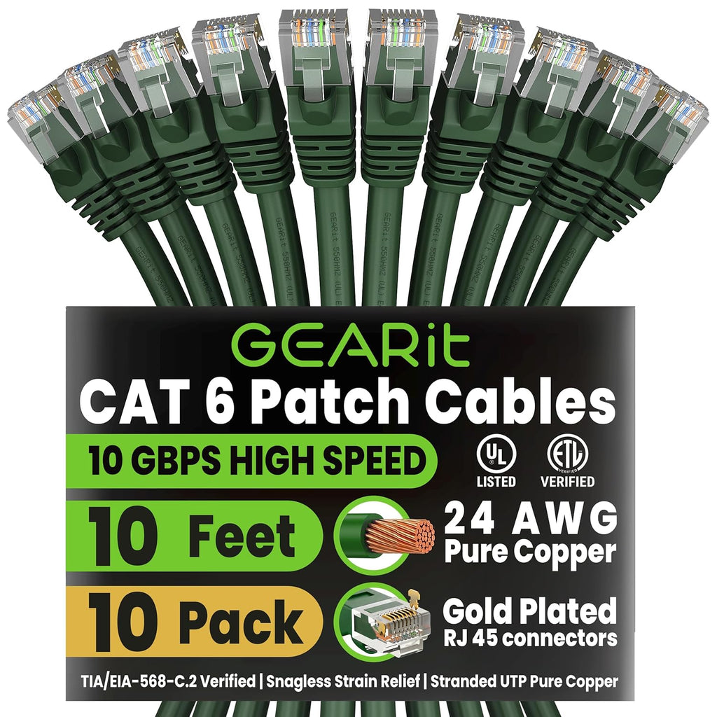 Cat6 Patch Cables Cat 6 Ethernet Cable 10 Ft 10-Pack Green