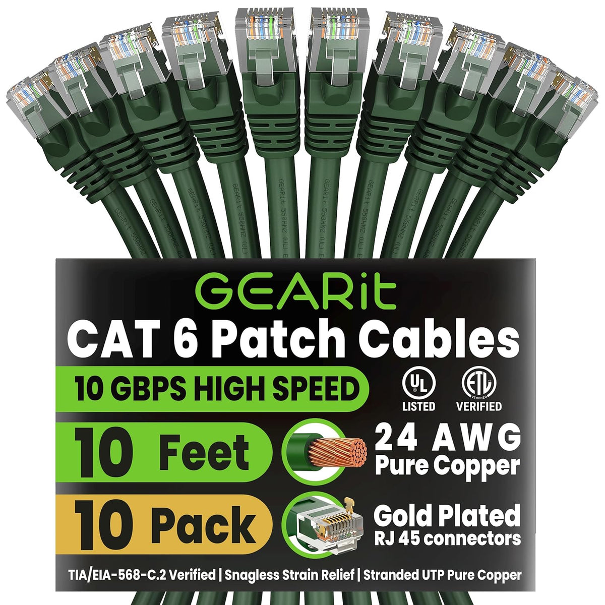 Cat6 Patch Cables Cat 6 Ethernet Cable 10 Ft 10-Pack Green