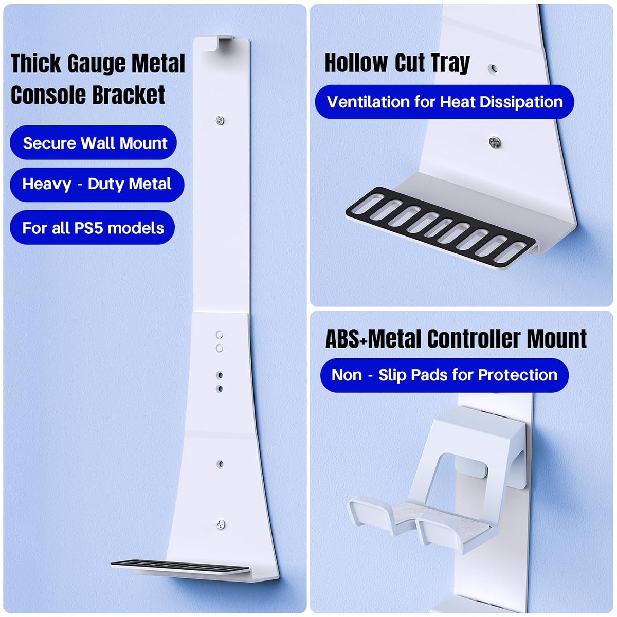 Wall Mount for PS5/PS5 Slim/Ps5 Pro Console-, Sturdy Metal Bracket Compatible with All Playstation 5 Models(Digital and Disc),+1Controller Headphone Holder, Sturdy and Not Fall Off,White