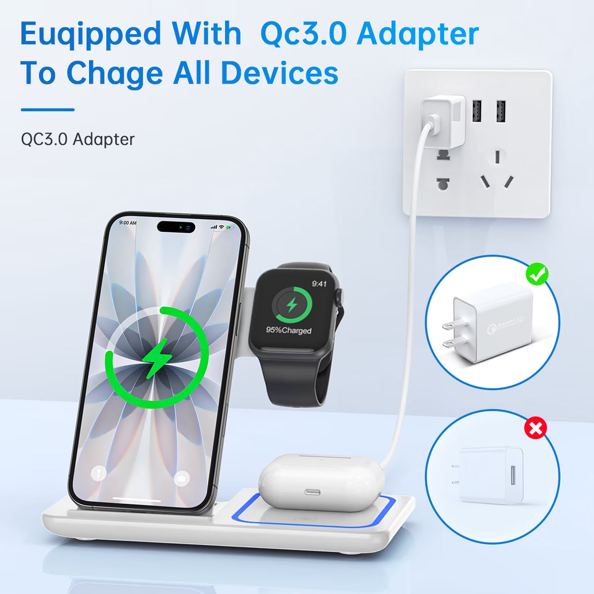 Wireless Charger, 3 in 1 Wireless Charging Station Dock with Breathing Indicator, Fast Charging Stand Compatible with Iphone 17/16/15/14/13/12/11 Pro Max/Xs, Iwatch 10/9/8/7/6/5/4, Airpods 4/3/2/Pro