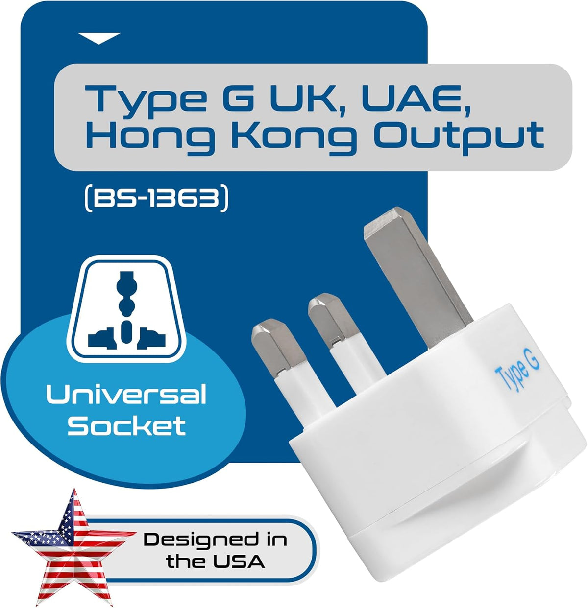 UK Adapters for Travel - Type G, Grounded, Universal Input, 3 Pack