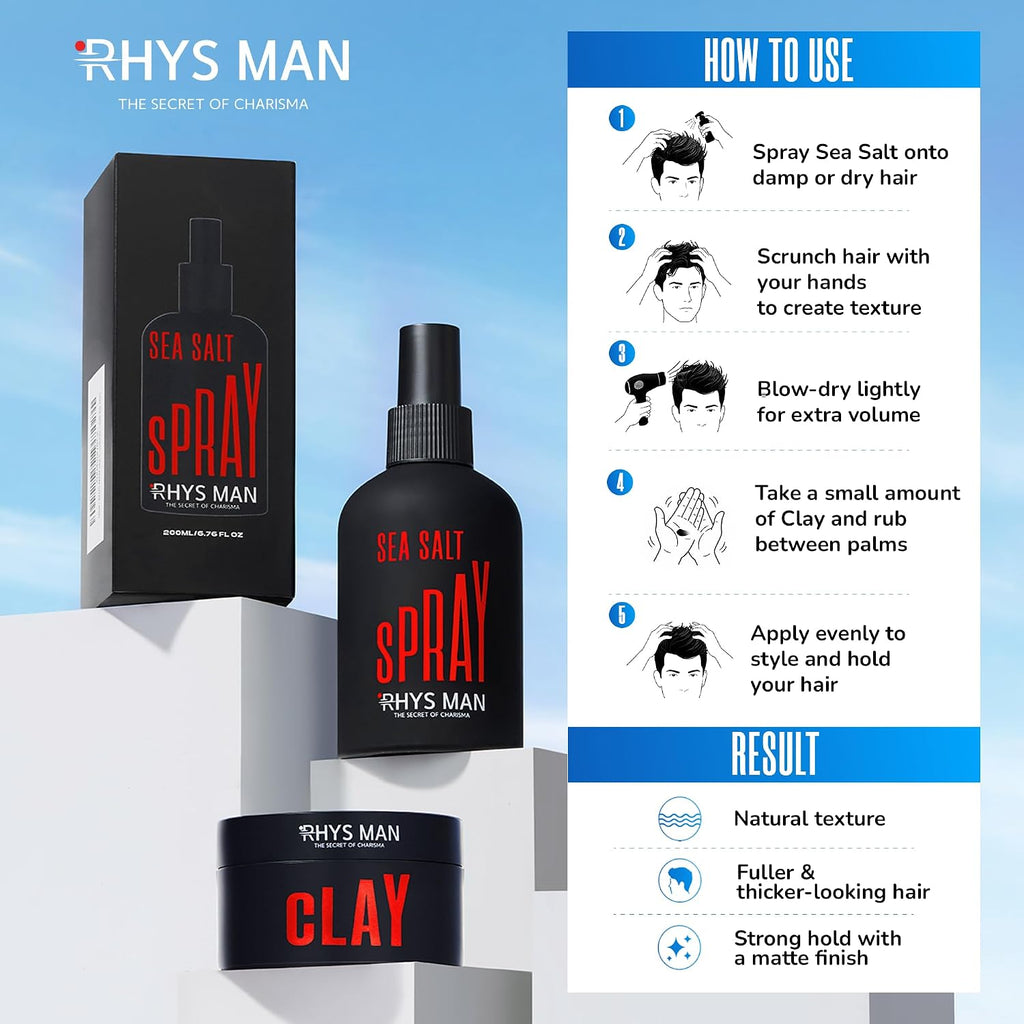Fathers Gifts - Sea Salt Spray and Hair Clay Bundle for Men – Texturizing for Volume and Natural Beach Texture with Strong Hold Water-Based Clay – Matte Finish Styling Set, Grooming Gift