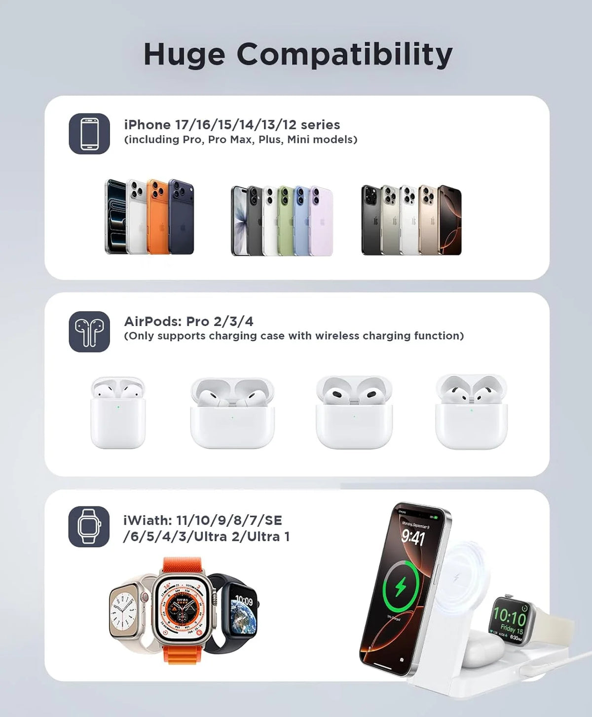 3 in 1 Charging Station - 2026 Foldable Wireless Charger Compatible for Iphone 17/16/15/14/13/12 plus Pro Max, Iwatch & Airpods, White