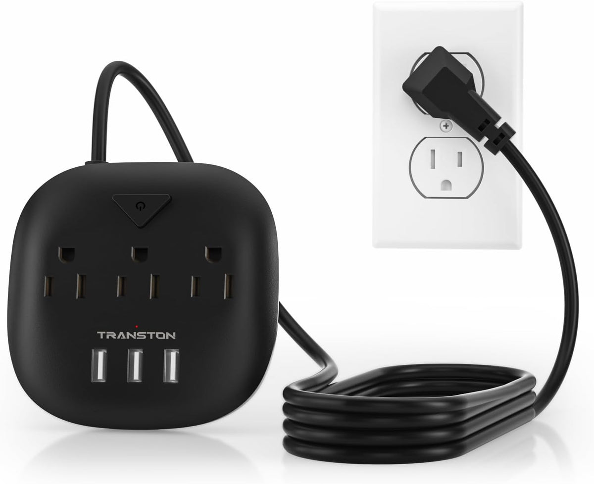 Power Strip 3 Outlets and 3 USB Ports with Switch Control, Desktop Charging Station with 5 Ft Extension Cord, Compact for Nightstand, Office and Travel - Black