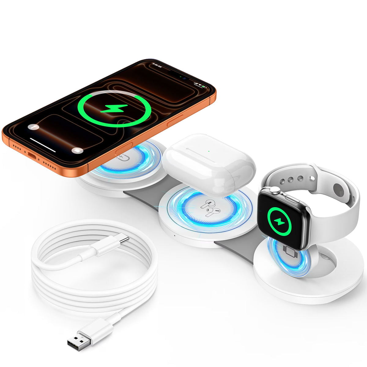 Wireless Charger for Iphone, 3 in 1 Charging Station for Iphone Devices, 15W Fast Wireless Charger Stand for Iphone 16 15 14 13 12 Pro Max, Charging Pad for Airpods 3/2/Pro, Iwatch 9/8/7/6/SE/5/4