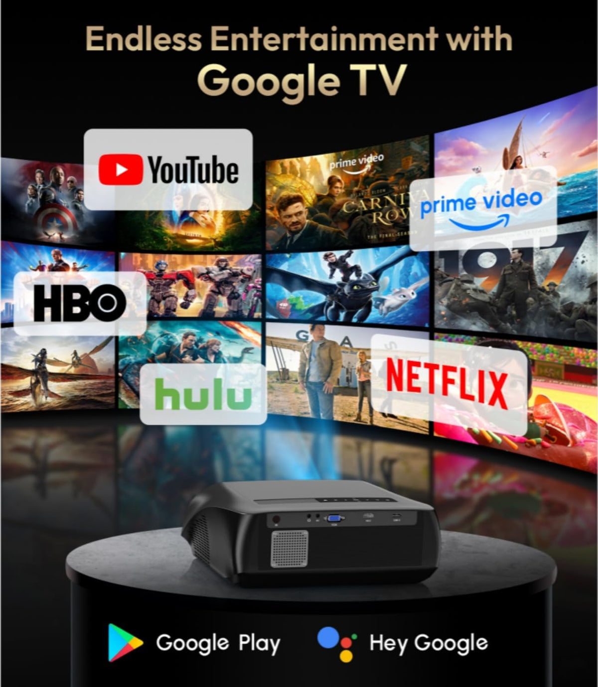 Daytime 4K Projector with Google TV, 2300 ANSI Lumens, HDR10, 38W Dolby Audio, Bright Picture for Home Theater & Outdoor Movie Night, Tof Autofocus, Nfc/Voice Control, HDMI ARC, Wifi 6 Bluetooth