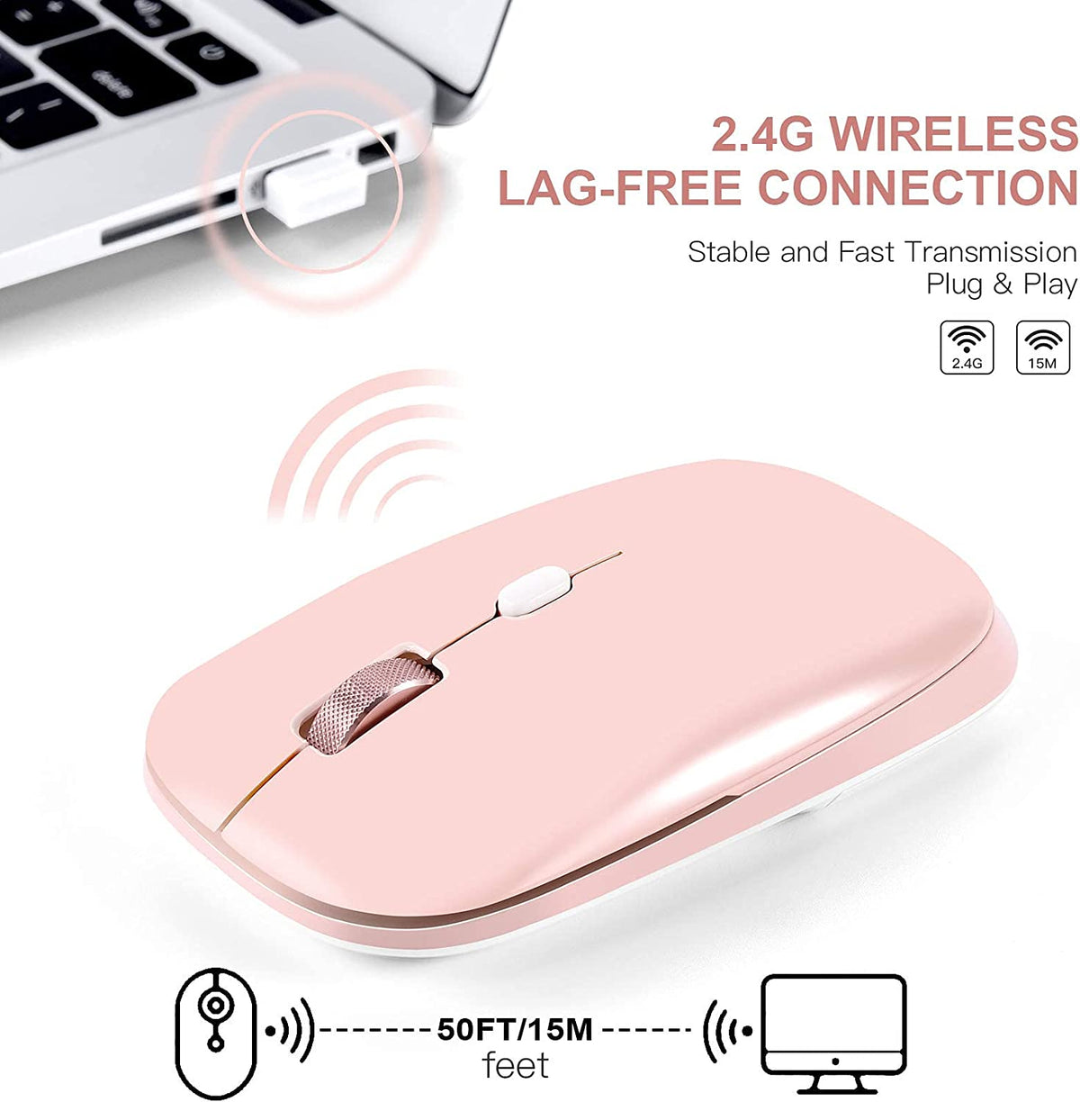 Wireless Flat Mouse, 2.4G Optical Mouse for Laptop, PC, Chromebook, Notebook, Especially Designed for Computer Bags (Pink)