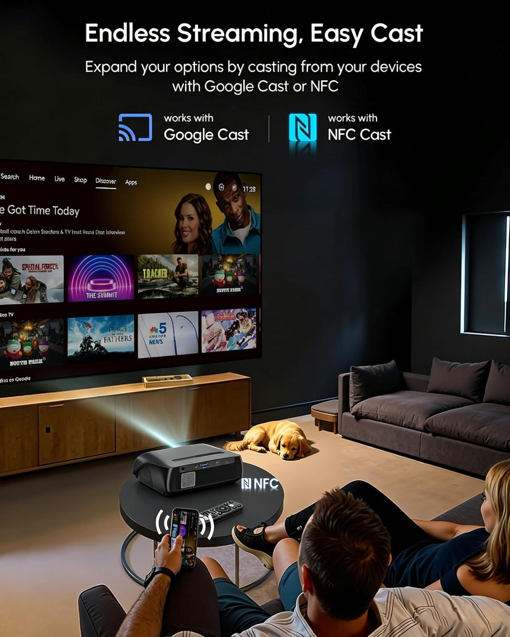 Daytime 4K Projector with Google TV, 2300 ANSI Lumens, HDR10, 38W Dolby Audio, Bright Picture for Home Theater & Outdoor Movie Night, Tof Autofocus, Nfc/Voice Control, HDMI ARC, Wifi 6 Bluetooth