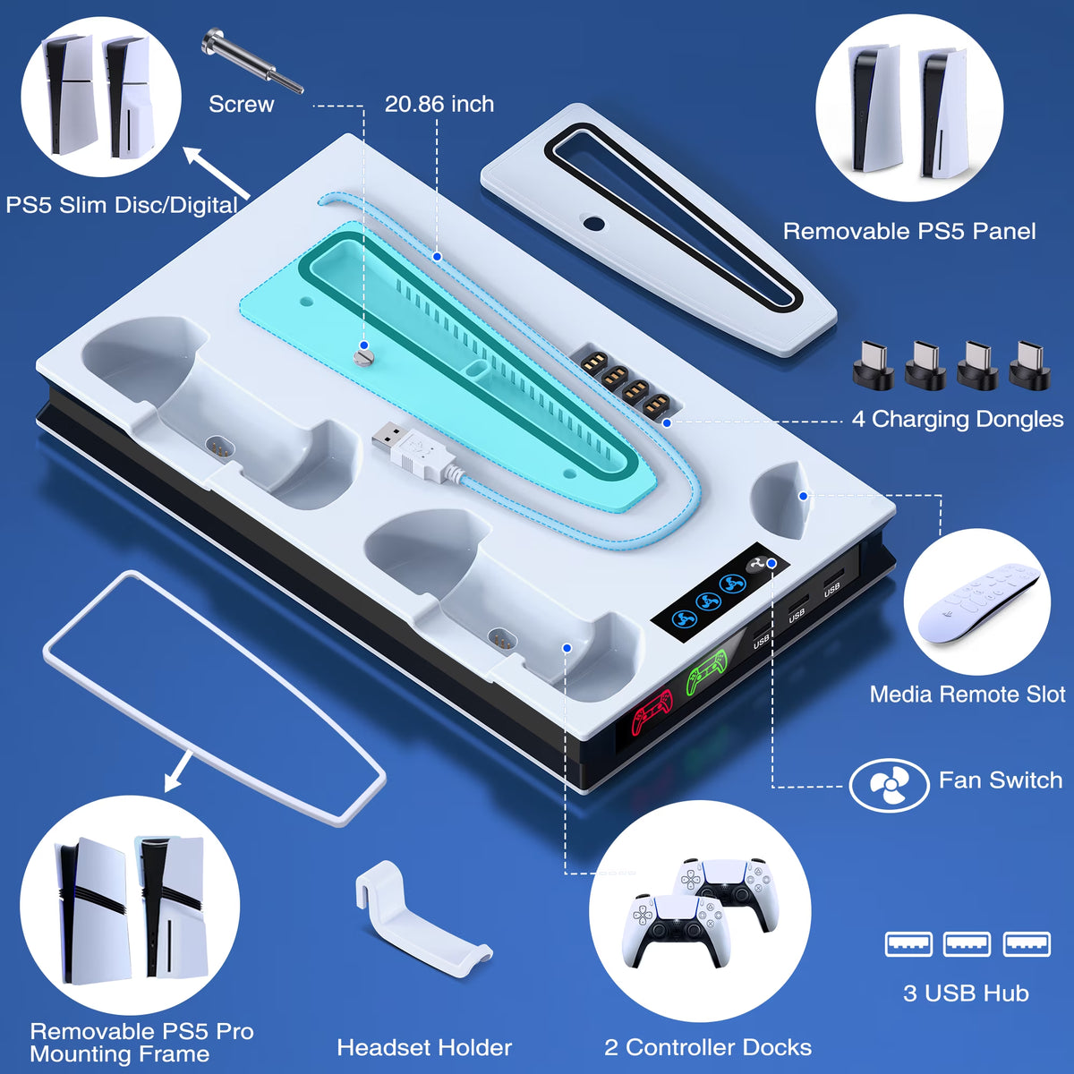 PS5 Cooling Fan Stand, All-In-One Charger Station with Dual Turbo Fan & Dual Controller Charging Dock, for PS5 Pro, Slim, Disc & Digital Edition