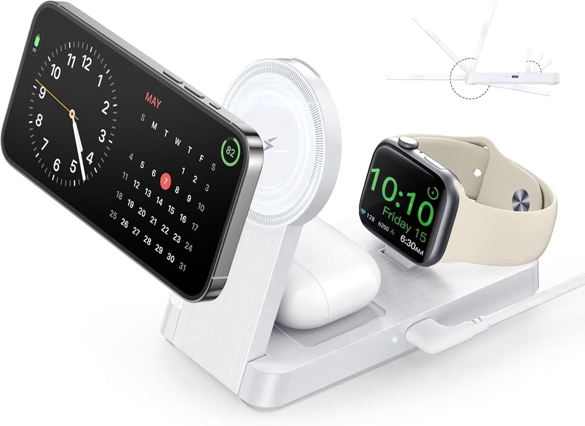 3 in 1 Charging Station - 2026 Foldable Wireless Charger Compatible for Iphone 17/16/15/14/13/12 plus Pro Max, Iwatch & Airpods, White